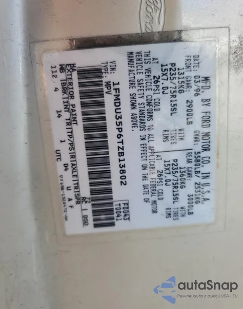 1996 Ford Explorer from USA, damaged, VIN 1FMDU35P6TZB13802